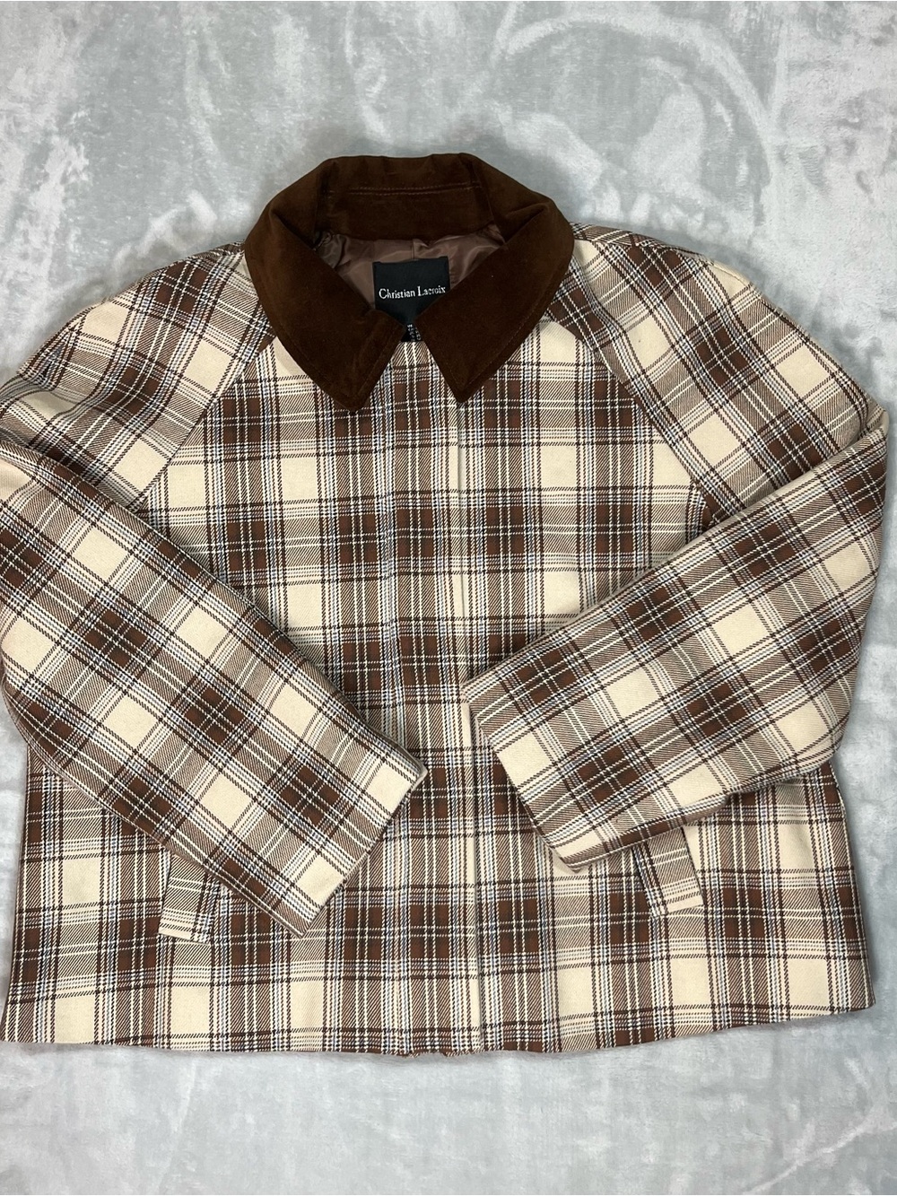 Christian Lacroix Plaid Cropped Jacket Brown Cream Velvet Collar Women Size 6 - Picture 2 of 16